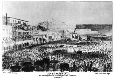 Et massemøde uden for Fort Vigilant, Sacramento, Californien, 1856 1937. af Britton and Rey