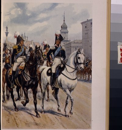 Kejser Alexander I Pavlovich (1777-1825) med storhertug Konstantin Pavlovich af Rusland (1779-1831). (Kejser Alexander I med storhertug Konstantin Pavlovich af Rusland). Værk af Bronislaw Gembarzewski (1872-1941), litografi. Fin polsk kunst 1 af Bronislaw Gembarzewski