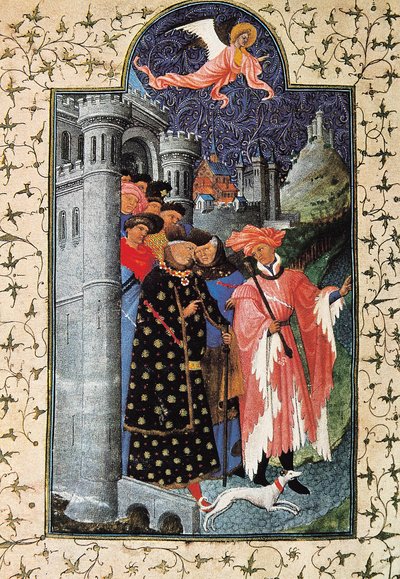 Hertug Jean de Berry (1340-1416) og hans ejendomsforvalter. Miniature af Jean Limbourg (1370-1416) for ""The Tres Riches Heures du Duc de Berry"" Circa 1440 Paris. B.N. af Brothers Limbourg