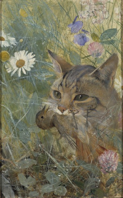 En kat med en ung fugl i munden, 1885 af Bruno Andreas Liljefors