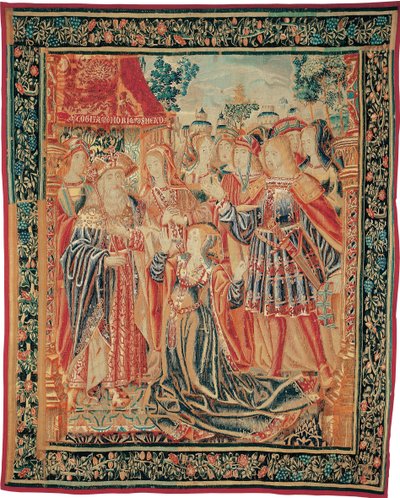 Historien om Troja. Cassandra går i forbøn for Priamos for at opnå en benådning for Paris, ca. 1520 af Brussels Manufactory