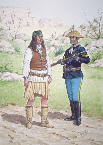 En Chiricahua Apache-kriger og en korporal fra 10. regiment af det amerikanske kavaleri i 1886, fra et sæt på seks tableauer af Bryan Fosten