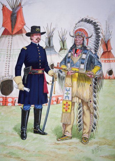 Høvding Red Cloud fra Oglala Sioux giver fredspibe til en officer fra 5. regiment af det amerikanske kavaleri ved underskrivelsen af Fort Laramie-traktaten i 1868, fra et sæt på seks tableauer af Bryan Fosten