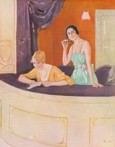 To kvinder i en loge i operaen (farvelitografi) af Brynolf Wennerberg