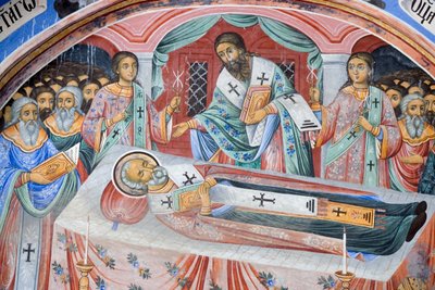 Bulgarien, Rila-klosteret, begravelsesfresko i Jomfru Marias Fødselskirke af Bulgarian School