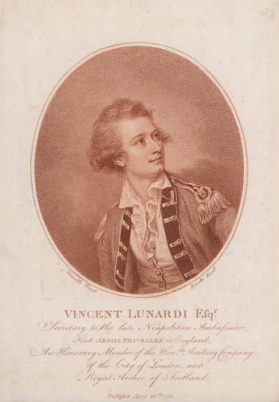 Vincenzo Lunardi, banebrydende italiensk ballonist (gravering) af Burke Nesmith