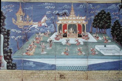 Ma 565 Kong Nimi i sin guddommelige vogn sendt af Indra og ledet af englen Matali, besøger himlen og finder kvinder af uforlignelig skønhed, fra Nimi Jataka, 1869 af Burmese School