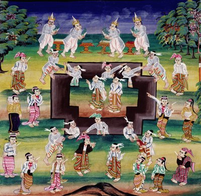 Merit making scene, side fra et manuskript af Burmese School
