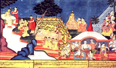 Eller 14298 fol.16-17 Buddhaen bader, ca. 1800-20 (gouache på papir) af Burmese School