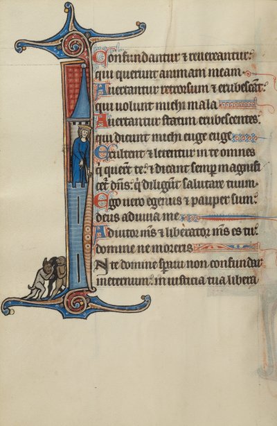 Initial I: David på toppen af et tårn, der peger på tre dæmoner nedenunder af Bute Master