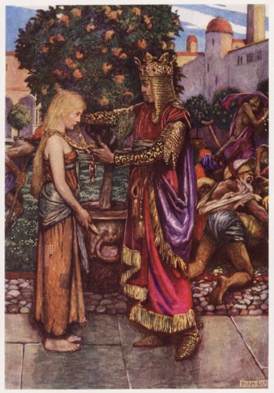 "Kongen han kaldte hende tilbage igen, / og til hende gav han sin lænke" (farve litho) af Byam (after) Shaw