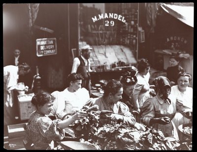 Udsigt over kvinder, der køber grøntsager fra en kræmmer på Hester Street, New York, 1898 (sølv gelatinetryk) af Byron Company