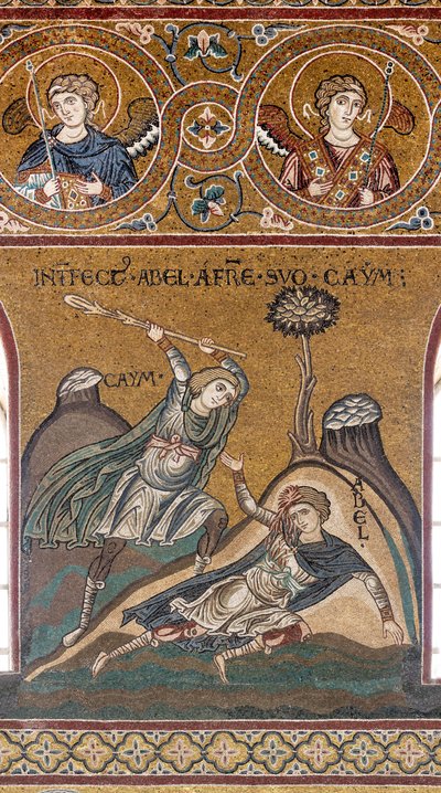 Abel dræbes af Kain, byzantinsk mosaik, Det Gamle Testamentes cyklus - det jordiske paradis, XII-XIII århundrede (mosaik) af Byzantine