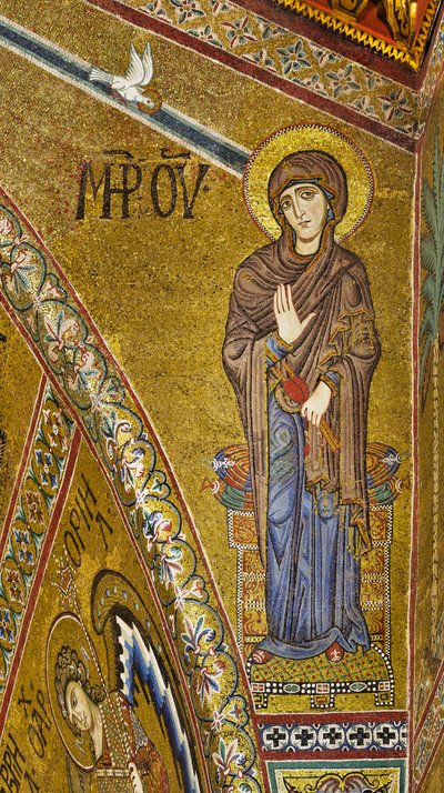 Apsis: Bekendt jomfru, byzantinsk mosaik med gylden baggrund i apsis tympanon (mosaik) af Byzantine
