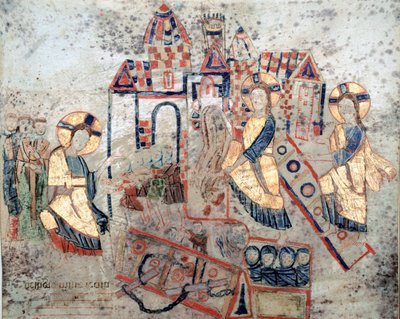 Byzantinsk kunst: "" Repræsentation af Frelseren Kristus, der hugger underverdenens porte ned, knuser Satan og befrier sjæle""" Miniature fra "Exultet"" fra begyndelsen af det 11. århundrede Museo Diocesano, Gaeta af Byzantine