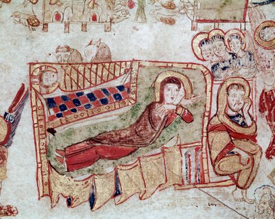 Byzantinsk kunst: "" Fødselen og bebudelsen til hyrderne"" Miniature taget fra "" Exultet"" fra begyndelsen af det 11. århundrede Museo Diocesano, Gaeta af Byzantine