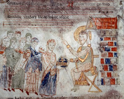 Byzantinsk kunst: "" Repræsentanterne for de forskellige imperier hylder Kristus med ofringer""" Miniature fra "Exultet"" fra begyndelsen af det 11. århundrede Museo Diocesano, Gaeta af Byzantine