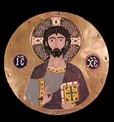 Byzantinsk kunst: "" christ pantocrator"" (Kristus i herlighed) Jesu Kristi aureol er markeret med et kors og kan læses christogrammet ICXC - Emalje fra det 10. århundrede Madrid, Museo Lazaro Galdiano - Byzantinsk kunst: Kristus Pantocrator (Kristus) i He af Byzantine