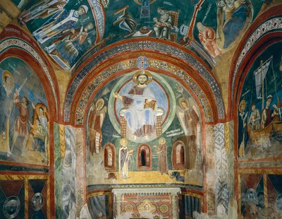Kapel af Saint Eldrad og Saint Nicholas med romanske fresker i byzantinsk stil, slutningen af det 11. århundrede, Novalesa Abbey, Piemonte, Italien af Byzantine