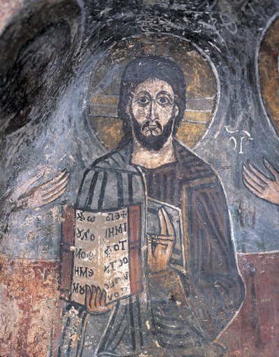 Nærbillede af en fresko af en pantokrator, Kristus Pantokrator, Zoupena, Sparta, Peloponnes, Grækenland af Byzantine