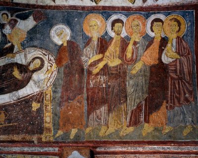 Jomfruens dvale blandt apostle, detalje, byzantinsk fresco (1200-tallet), Gulsehir Karsi Kilise (Sankt Johanneskirken), Goreme (Unescos verdensarvsliste af Byzantine
