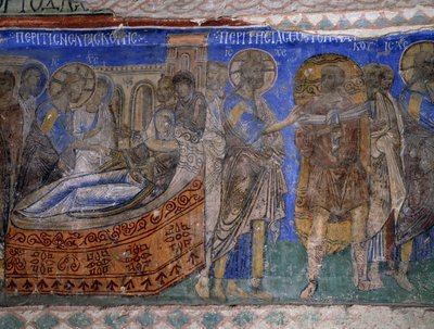 Helbredelse af Simon Peters svigermor og lamme mand, byzantinsk fresco (12. århundrede), Tokali Kilise (Spændekirken) (12.-13. århundrede), Goreme (Unescos verdensarvsliste) af Byzantine