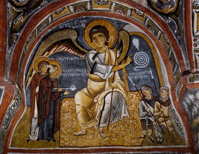 Hellige kvinder ved graven og englens fremkomst, byzantinsk fresco (1100-tallet), Karanlik Kilise (Dark Church) (12.-13. århundrede), Goreme (Unescos verdensarvsliste) af Byzantine