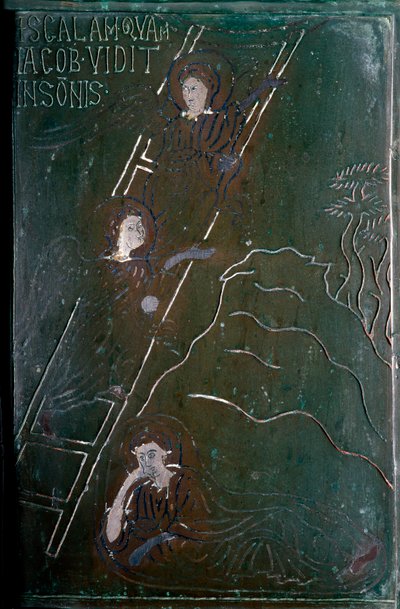 Jakob ser i drøm englene stige op og ned af bronzedørfliseskalaen lavet i Konstantinopel i 1076. Monte Sant 
