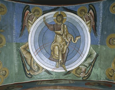 Malerier af Jesus Kristus med engle, Panagia Too Araka, Lagoudera, Cypern af Byzantine