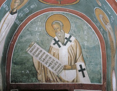 Malerier af en helgen, der holder et brev, St. Ignatius af Antiochia, Panagia Too Araka, Lagoudera, Cypern af Byzantine