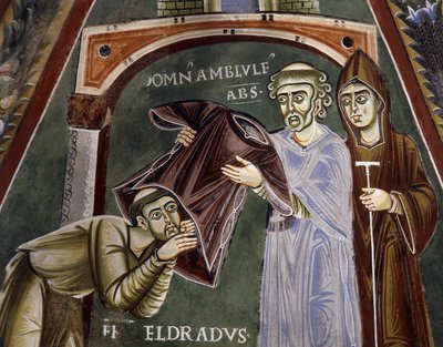 Saint Eldrad vender tilbage fra Santiago de Compostela og modtager religiøse vaner fra abbed af Novalesa, Historier om Saint Eldrads liv, romansk freskomaleri, byzantinsk stil, Kapel Saint Eldrad og Saint Nicholas, Novalesa Abbey, Piemonte, Italien. af Byzantine
