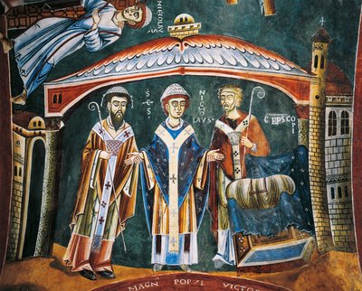 Saint Nicholas indviet biskop af Myra, detalje fra historierne om Saint Nicholas, romansk fresco, byzantinsk stil, sent i det 11. århundrede, kapel Saint Eldrad og Saint Nicholas, Novalesa Abbey, Piemonte, Italien. af Byzantine
