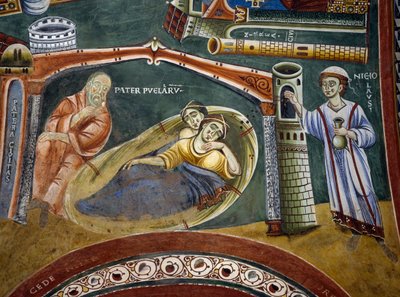 Sankt Nikolas redder en rig købmand, der er faldet i fattigdom og betaler sine døtres medgift, Detalje fra historier om Sankt Nikolas, romansk freskomaleri, byzantinsk stil, slutningen af det 11. århundrede, Kapel Sankt Eldrad og Sankt Nikolas, Novalesa Ab af Byzantine