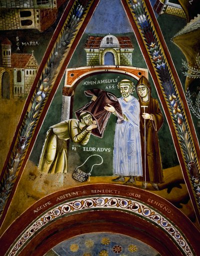 St Nicola, historier om livet for St. Eldrad og St. Nicholas, St. Eldrado vendte sig mod St. Jakob af Compostela: modtog en klostervane fra abbed af Novalesa, detaljer af Byzantine