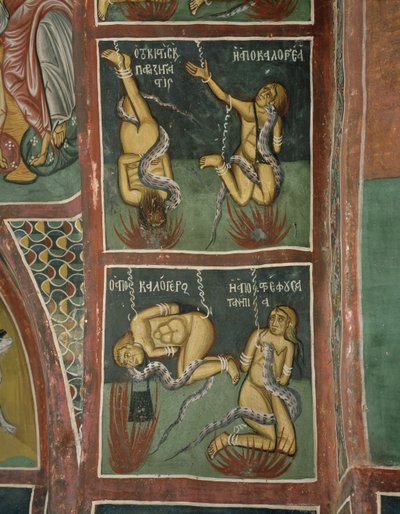 Den fordømte: Ågermanden og den syndige nonne (ovenfor), den bortfaldne præst og den dårlige moder (nedenfor) (fresco) af Byzantine