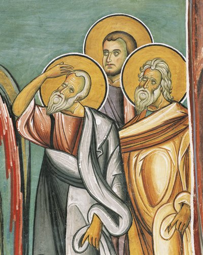 Tre mennesker i en kirke, Panagia tou Araka, byzantinsk, Troodos-bjergene, Cypern af Byzantine