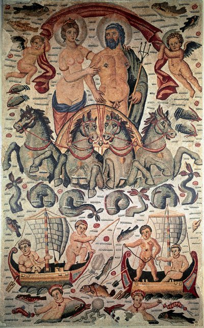Byzantinsk kunst: Neptuns og amfitrits triumf. Neptun og Amphitrite nøgne på en tank affyret af fire søheste. Mosaik fra det 3. århundrede. Mål: 3,1x1,96m. Louvre-museet, Paris af Byzantine Byzantine