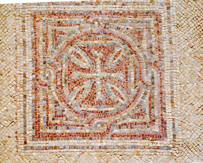 Detalje af et kors fra mosaikgulvet i den byzantinske kirke i Shoham, Israel, ca. 5. århundrede e.Kr. (mosaik) af Byzantine Byzantine