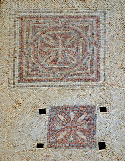 Detalje af kors fra mosaikgulvet i den byzantinske kirke i Shoham, Israel, ca. 5. århundrede e.Kr. (mosaik) af Byzantine Byzantine
