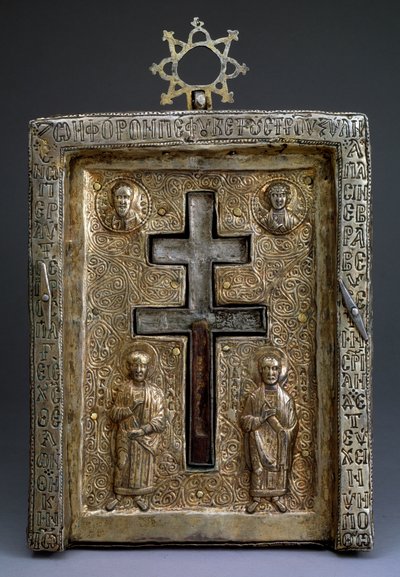 Korsrelikvieskrin af forgyldt sølv staurothek, byzantinsk, 1100-tallet af Byzantine Byzantine