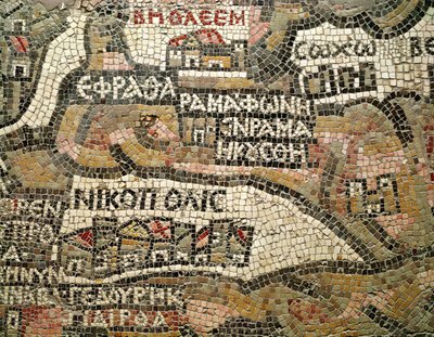Betlehem, detalje fra et kort over Jeriko (mosaik) (se også 86282 & 250599) af Byzantine School