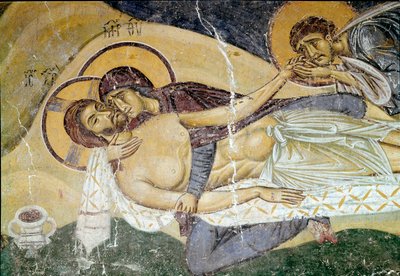 Byzantinsk kunst: "Lamentation on the Death of Christ"" Malers fresko fra det 12. århundrede. Detalje. Nerezi, San Pantaleimone, Macedoine af Byzantine School