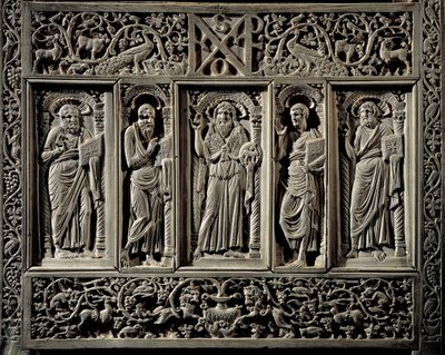 Byzantinsk kunst: ""Sankt Johannes Døberen og de fire evangelister"" ringere detalje af Chair of the Eveque of Ravenna Maximien (546-554) trone episkopal (cathedra) i elfenben, sandsynligvis realiserer en Konstantinopel Ravenna, Museo Arcivescovile (byzant af Byzantine School