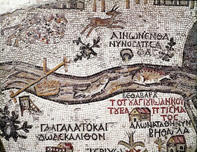 Byzantinsk kunst: ældste kort over Palæstina. Detalje, der forestiller floden Jordan og dens munding på Det Døde Hav. Mosaik fra det 6. århundrede. Madaba, St. George-kirken af Byzantine School