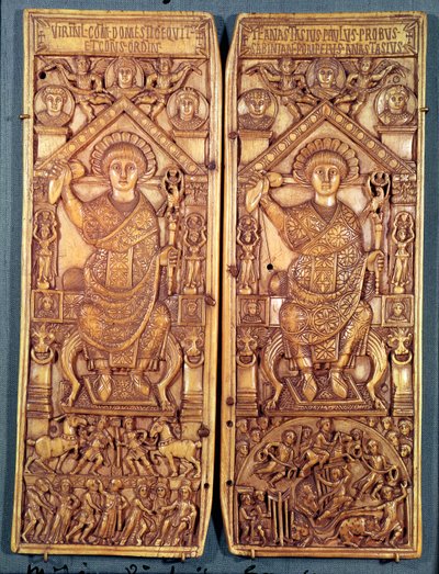 Konsulær diptykon af Anastasius (491-518) udskåret i Konstantinopel, teodosisk stil, 517 e.Kr. af Byzantine School