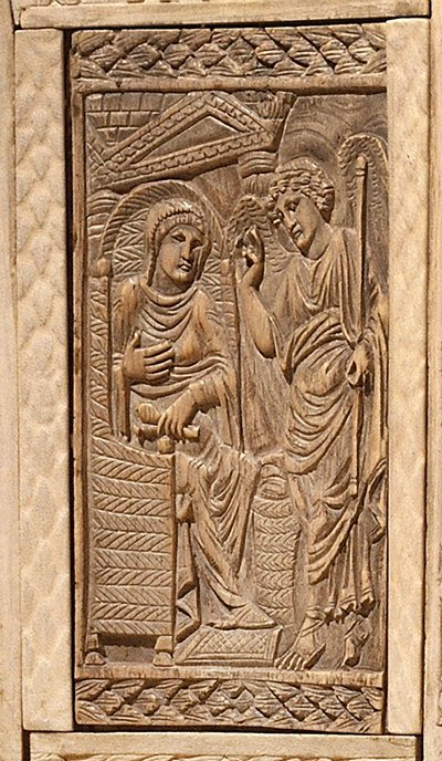 Detalje af bebudelsen, fra biskop Maximians stol (indlagt træ og elfenben) af Byzantine School