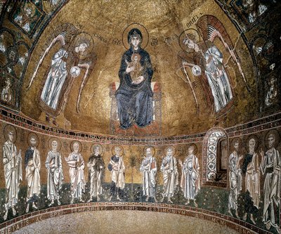 Tronet jomfru med ærkeengle og apostle (mosaik) af Byzantine School