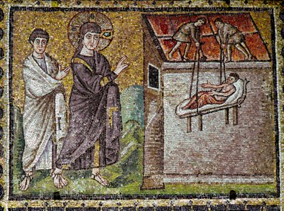 Jesus kæmpede mirakuløst mod en lamme ved Kapernaum Mosaik i det 6. århundrede. Basilikaen Saint Apollinaire de Ni af Ravenna (Sant