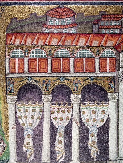 Venstre fløj af Palazzo di Teodorico, 527-99 (mosaik) (detalje af 224988) af Byzantine School