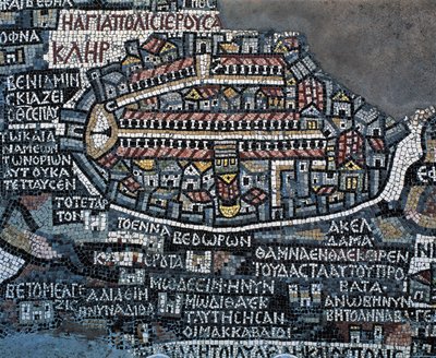 Madaba-mosaikkort (kort over det hellige land), 560, mosaik i den græsk-ortodokse Sankt Georgs basilika, Madaba, Jordan, byzantinsk civilisation, 6. århundrede (mosaik) af Byzantine School